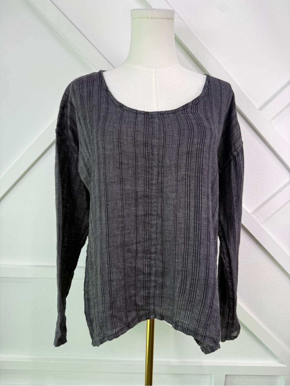 NWOT FLAX Black Gray Striped 100% Linen Long Sleeve Lagenlook Top Blouse Tunic P